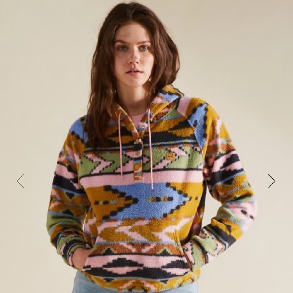 Billabong A/Div Go Outdoors Pullover Fleece Hoodie Aztec Print Sweatshirt Large